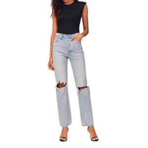 Abercrombie & Fitch The Dad High Rise Jeans Blue Light Wash Busted Knees 29 8S